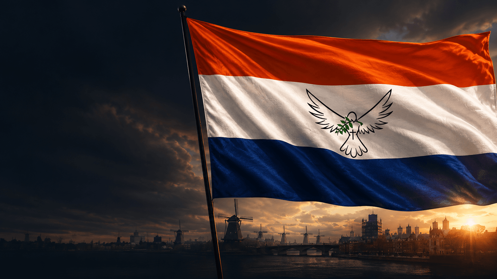 Nederlandse vlag met NRB symbool boven een Nederlands stadsbeeld