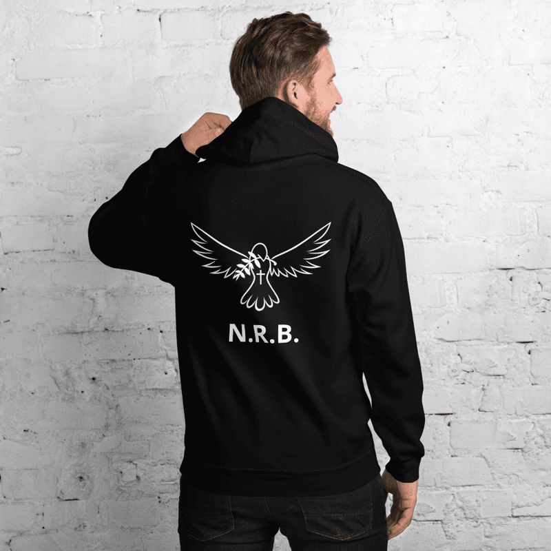 Unisex zwarte hoodie logo achterkant met borst embleem